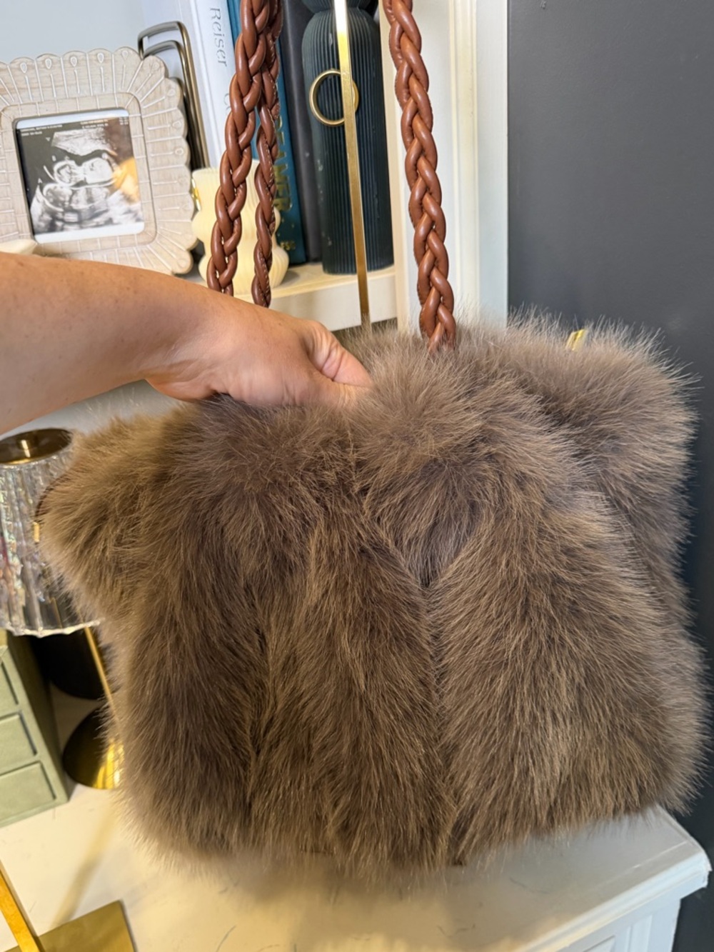 Soft Faux Fur Tote Bag Neutral Brown Gray Shoulder Bag NWOT - Picture 3 of 5